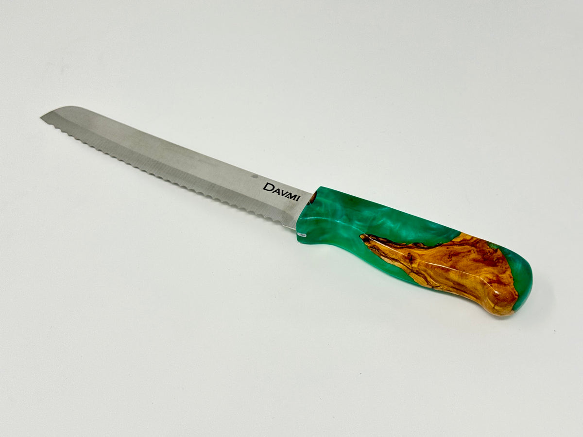 Etz HaChaim challah knife No. 3, olive wood and green epoxy handle | MitzvahArt
