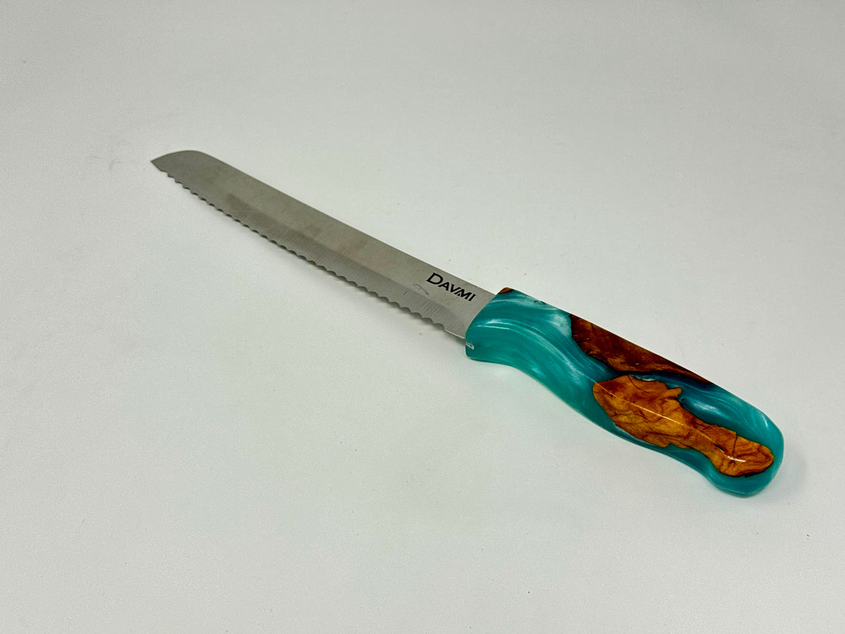 Etz HaChaim challah knife No. 4, olive wood and green epoxy handle | MitzvahArt