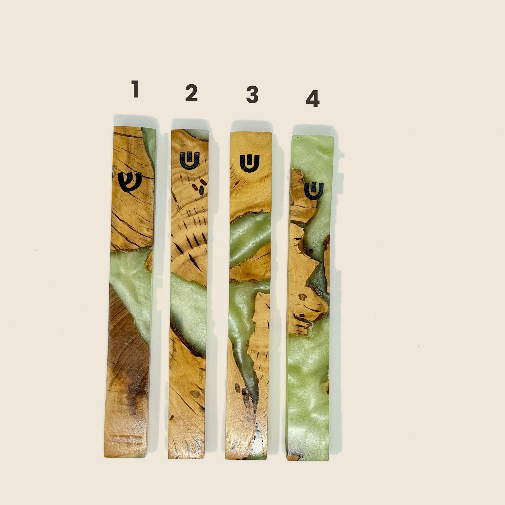 Light green and cream olive wood and resin mezuzah cases 1-4, 15 cm | MitzvahArt