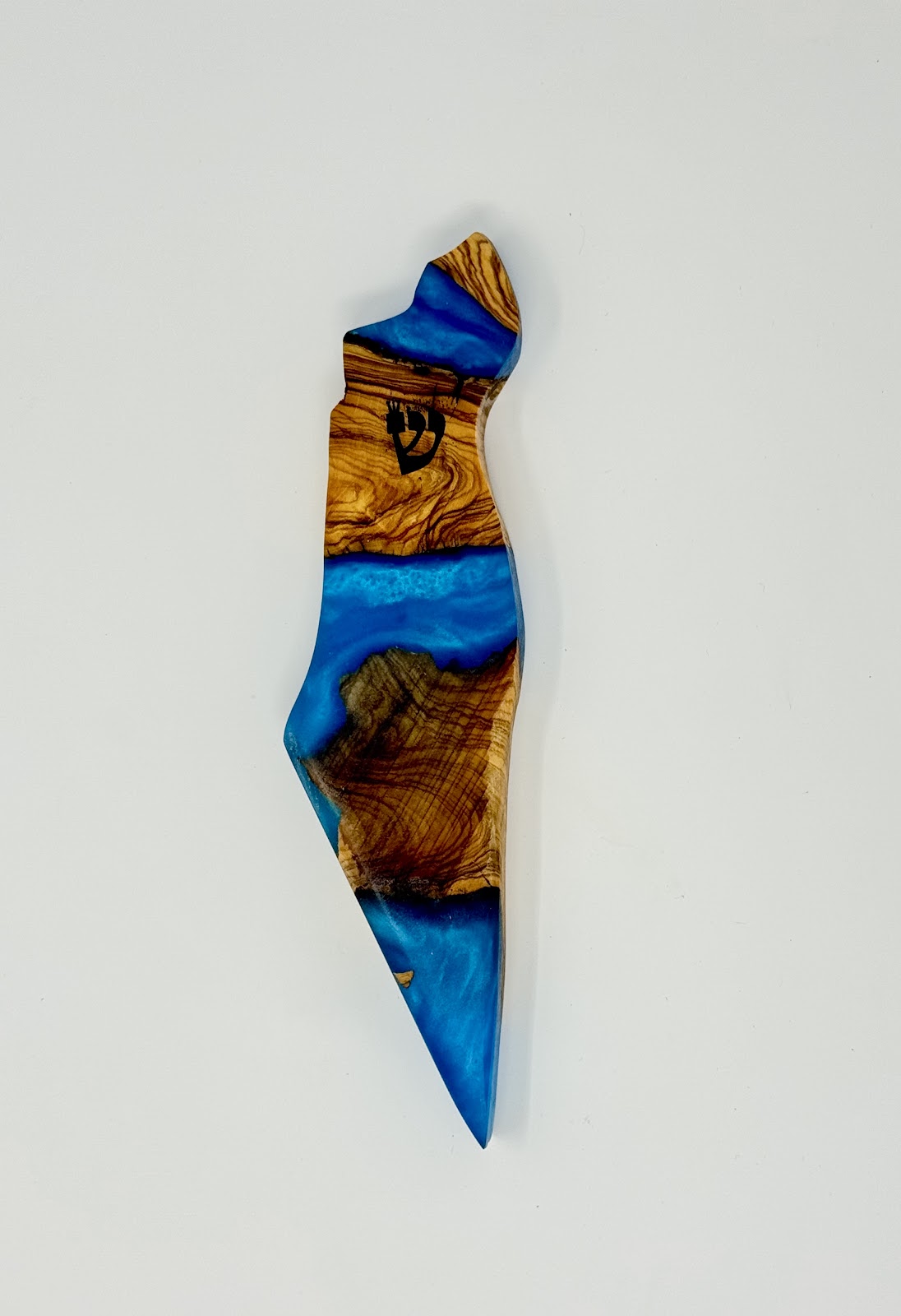 Handmade Israeli Olive Wood Mezuzah Case – Large Blue #8 – olive wood and blue epoxy detail