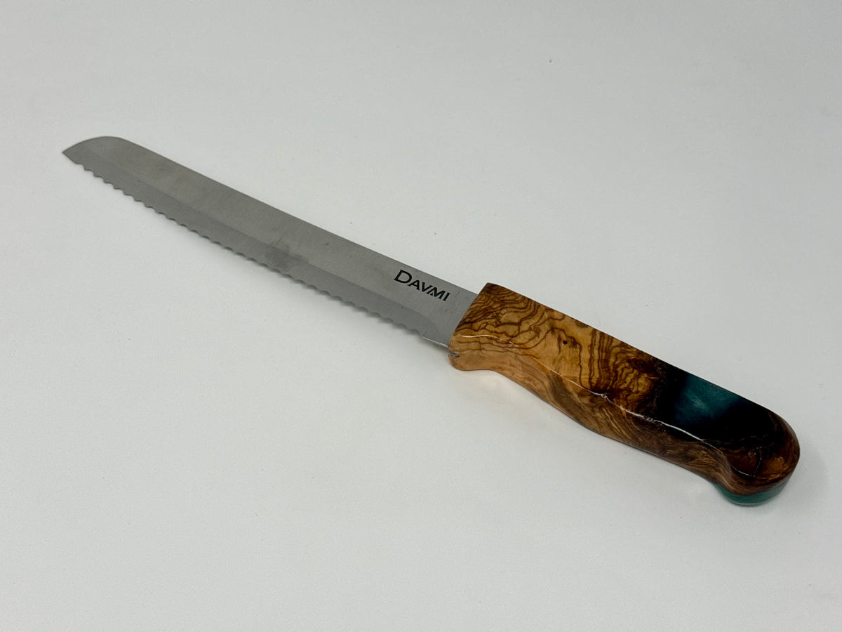 Hadras Kodesh challah knife, olive wood and onyx black epoxy handle | MitzvahArt