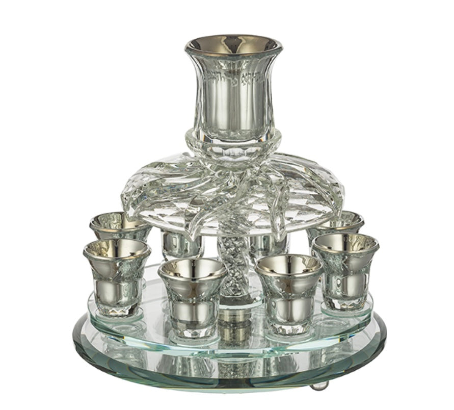 Crystal Wine Fountain 33 x 25 cm with 8 Small Cups | Handcrafted Judaica, MitzvahArt