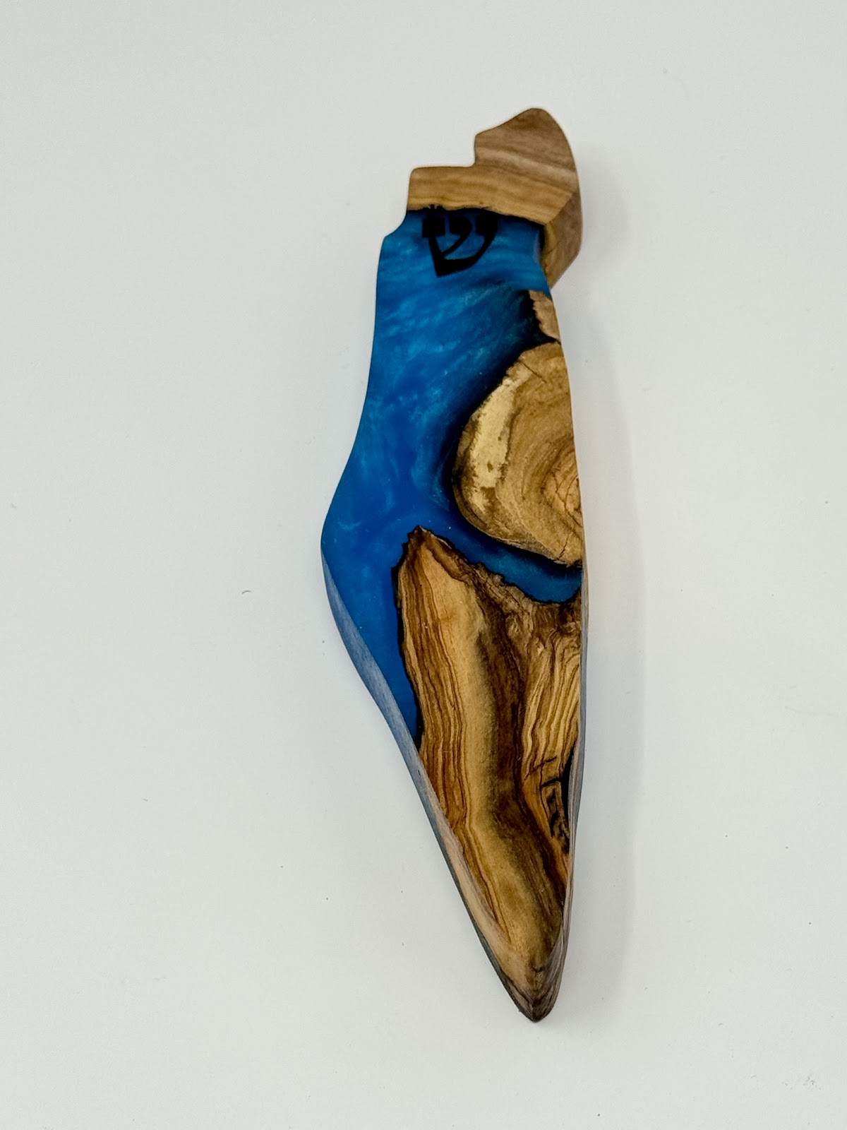 Handmade Israeli Olive Wood Mezuzah Case – Small Blue #9 – olive wood and blue epoxy detail