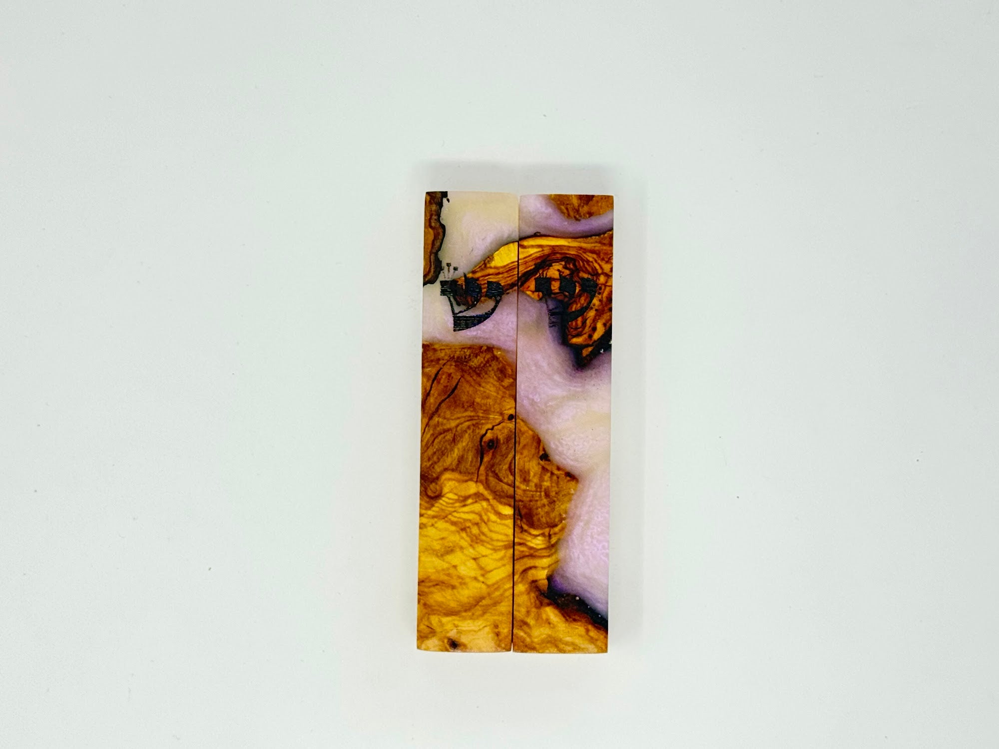 Pink olive wood and resin mezuzah cases shown as a set, 12 cm | MitzvahArt