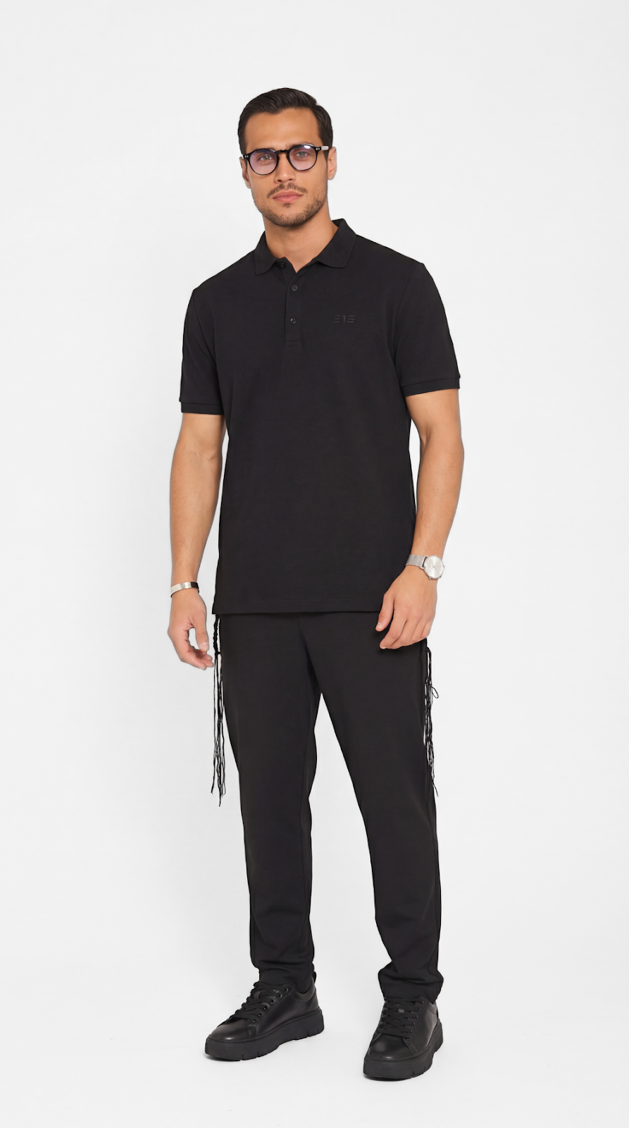 Noble Insight tzitzit polo shirt in black - full look | 613 by MitzvahArt