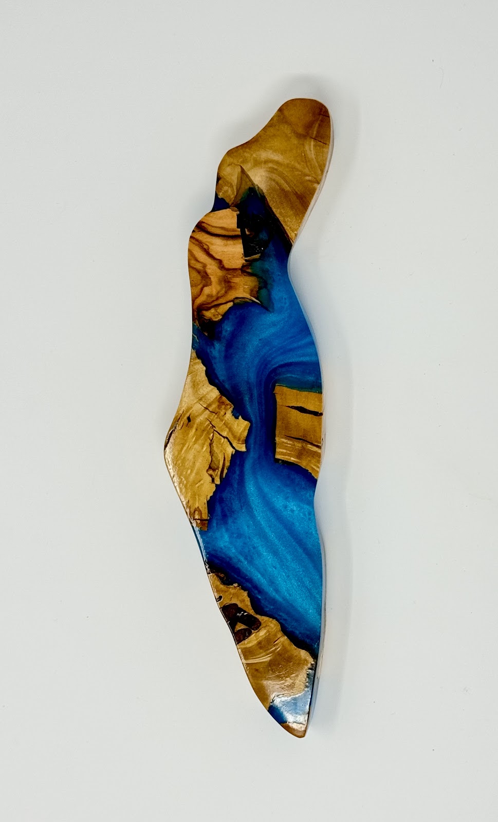 Handmade Israeli Olive Wood Mezuzah Case – Large Blue #10 – olive wood and blue epoxy detail