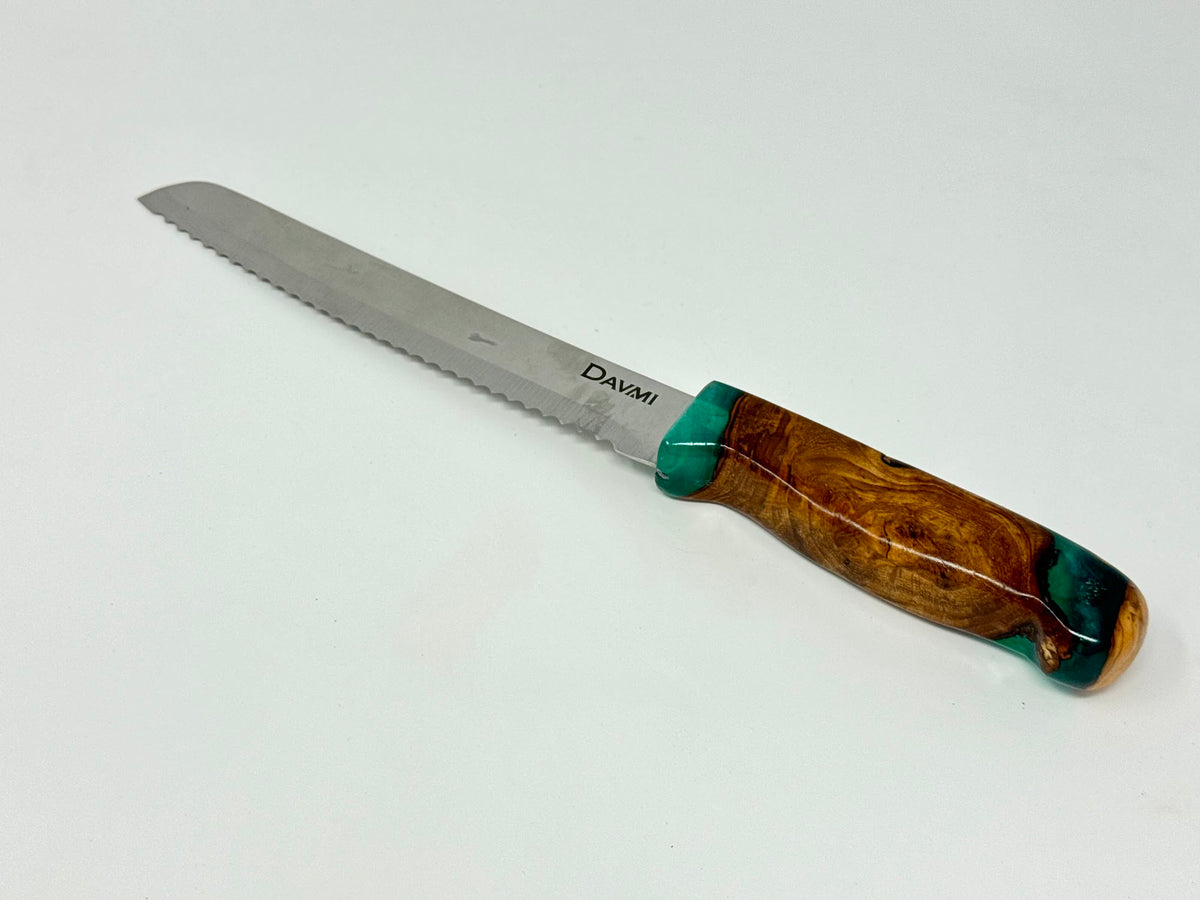 Etz HaChaim challah knife, olive wood handle with green epoxy | MitzvahArt
