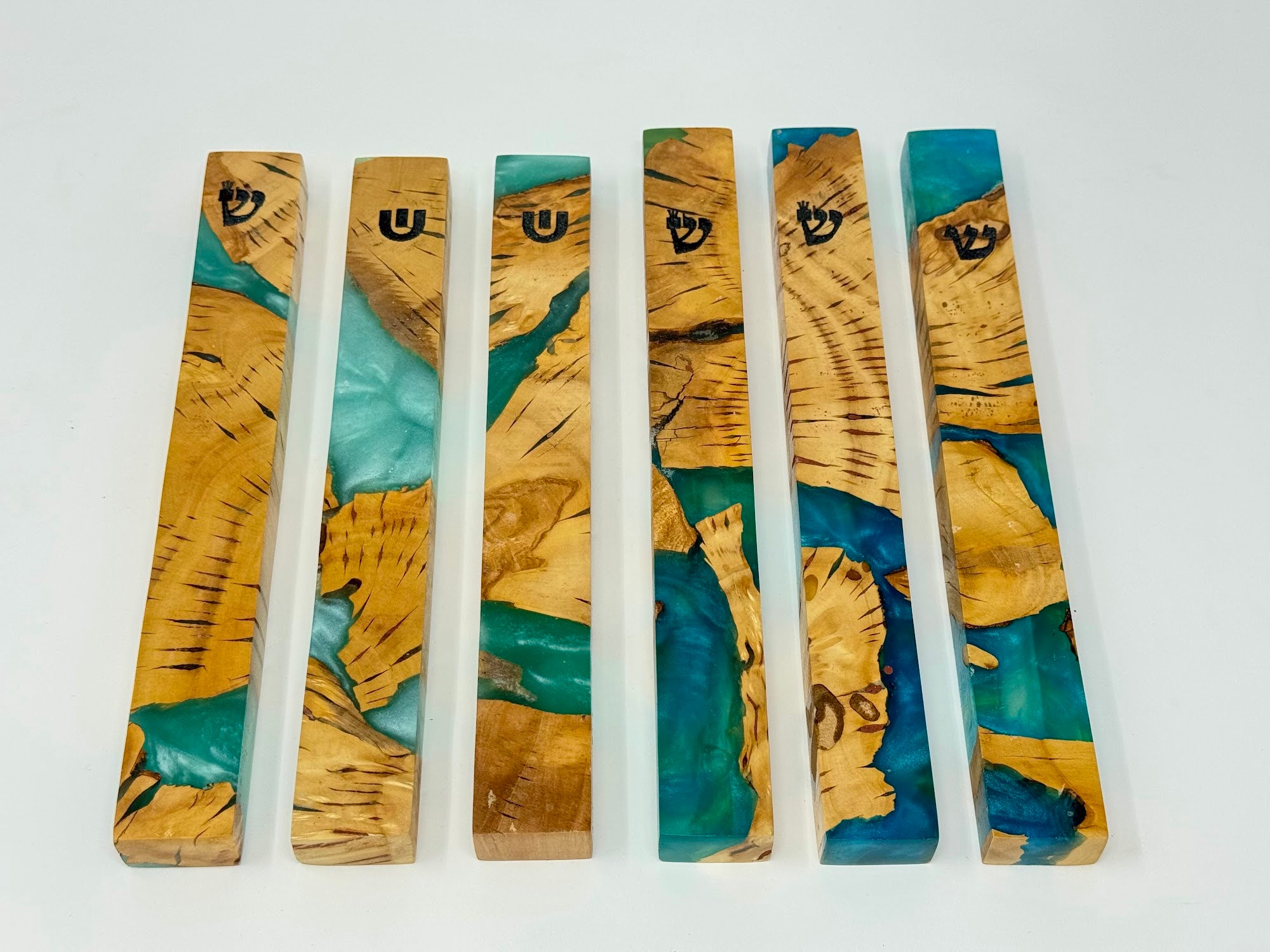 Green olive wood and resin mezuzah cases shown as a set, 15 cm | MitzvahArt