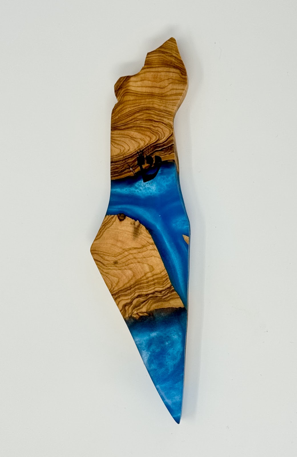 Handmade Israeli Olive Wood Mezuzah Case – Large Blue #12 – olive wood and blue epoxy detail