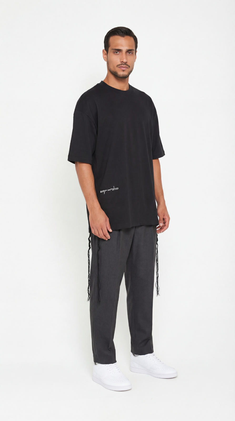 Lion's Rise tzitzit shirt in white - full look | 613 by MitzvahArt