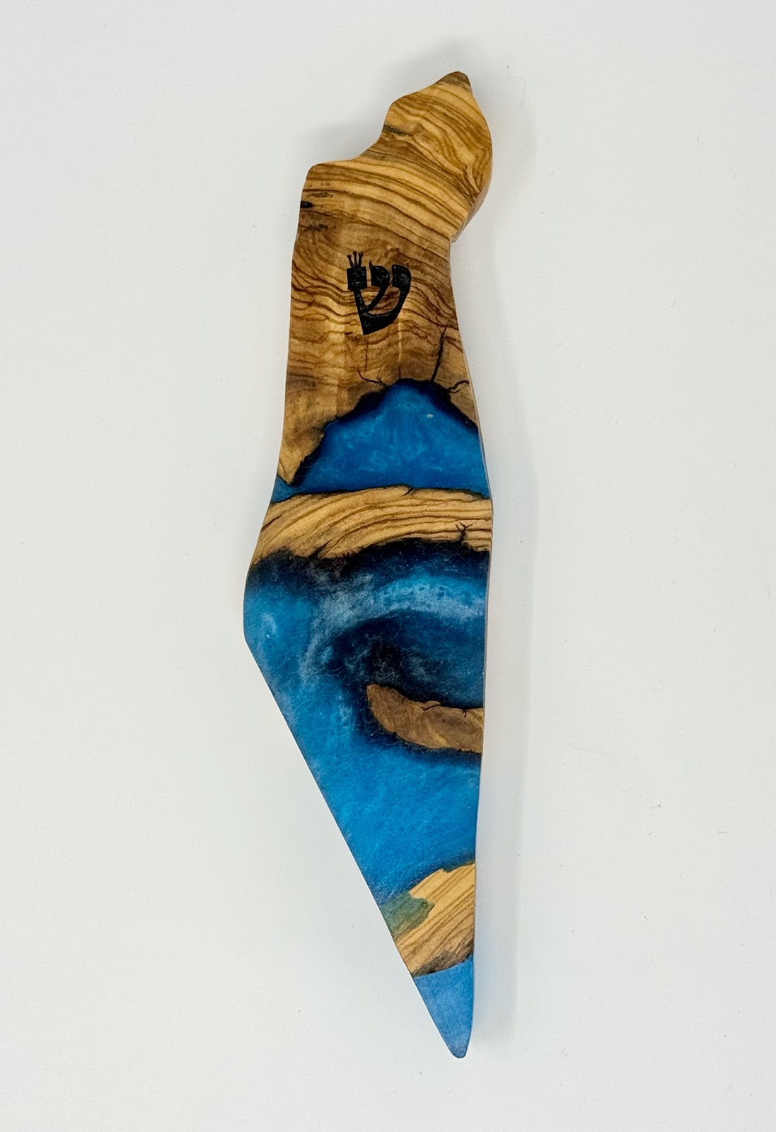Handmade Israeli Olive Wood Mezuzah Case – Large Blue #13 – olive wood and blue epoxy detail