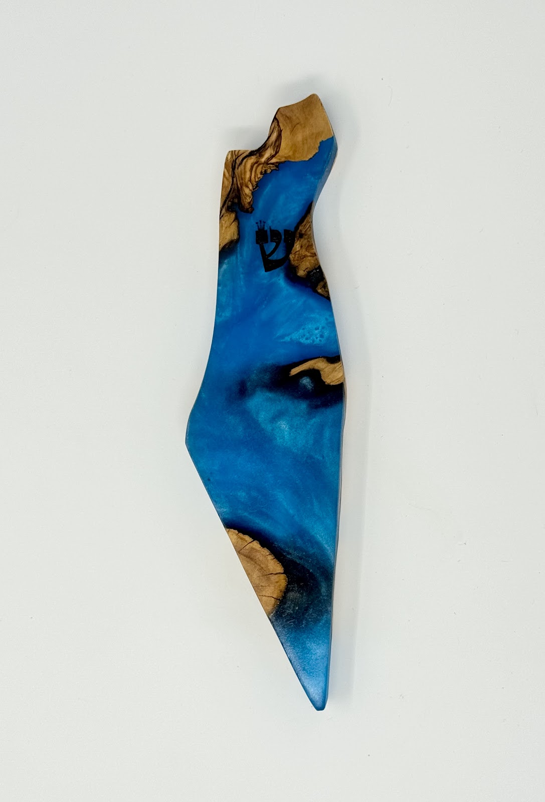 Handmade Israeli Olive Wood Mezuzah Case – Large Blue #11 – olive wood and blue epoxy detail