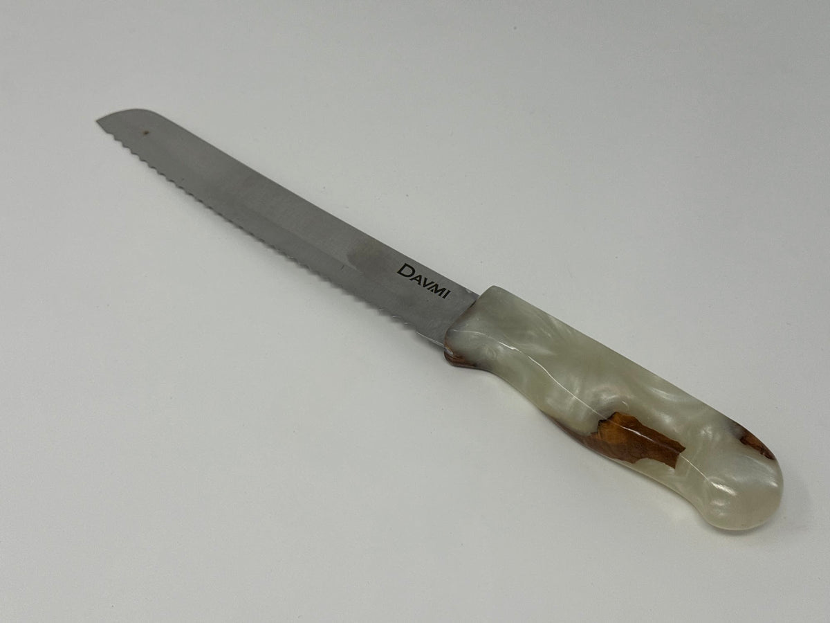 Lechem HaPanim challah knife No. 2, olive wood and pearl white epoxy handle | MitzvahArt