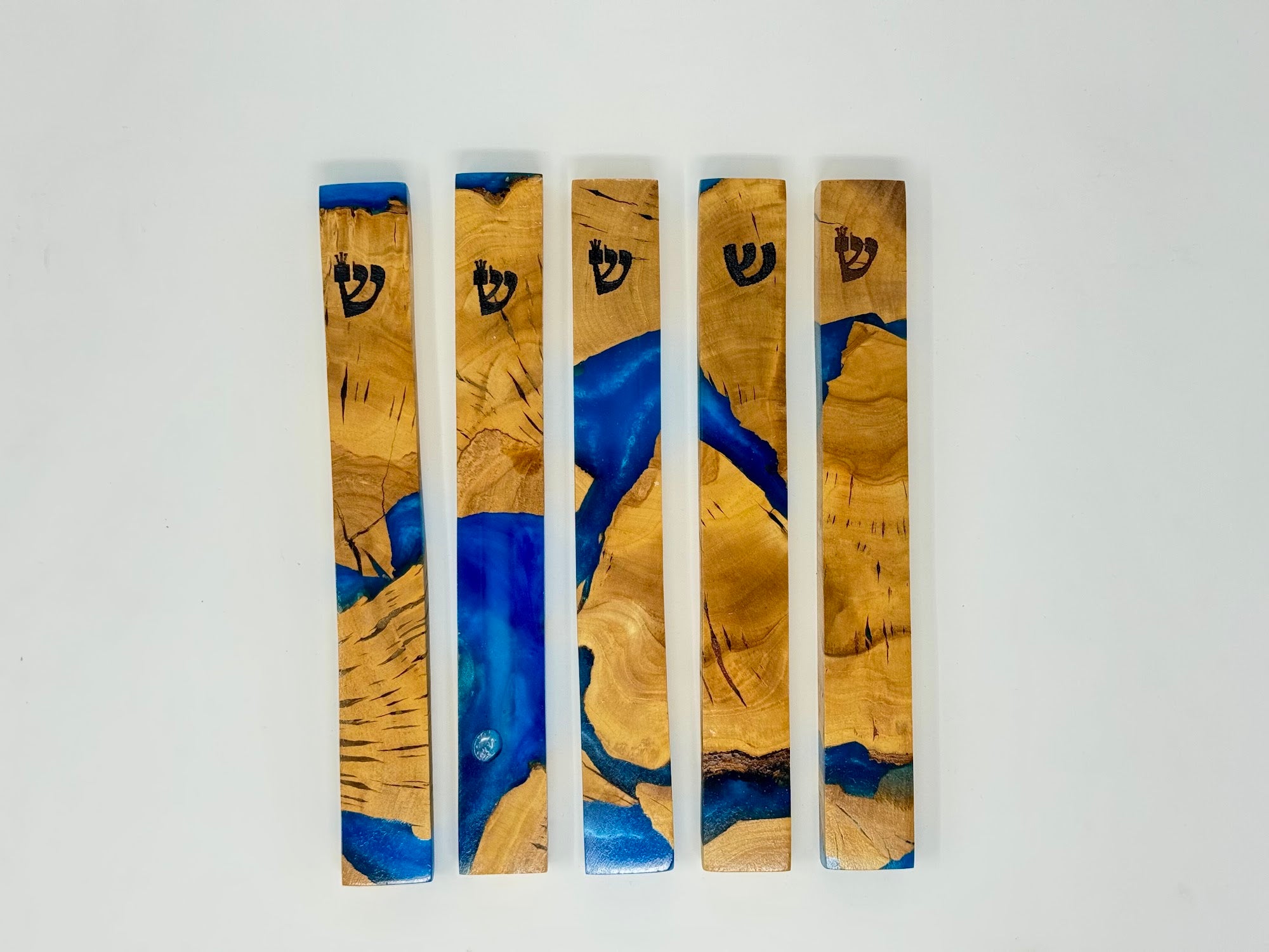 Blue olive wood and resin mezuzah cases shown as a set, 15 cm | MitzvahArt