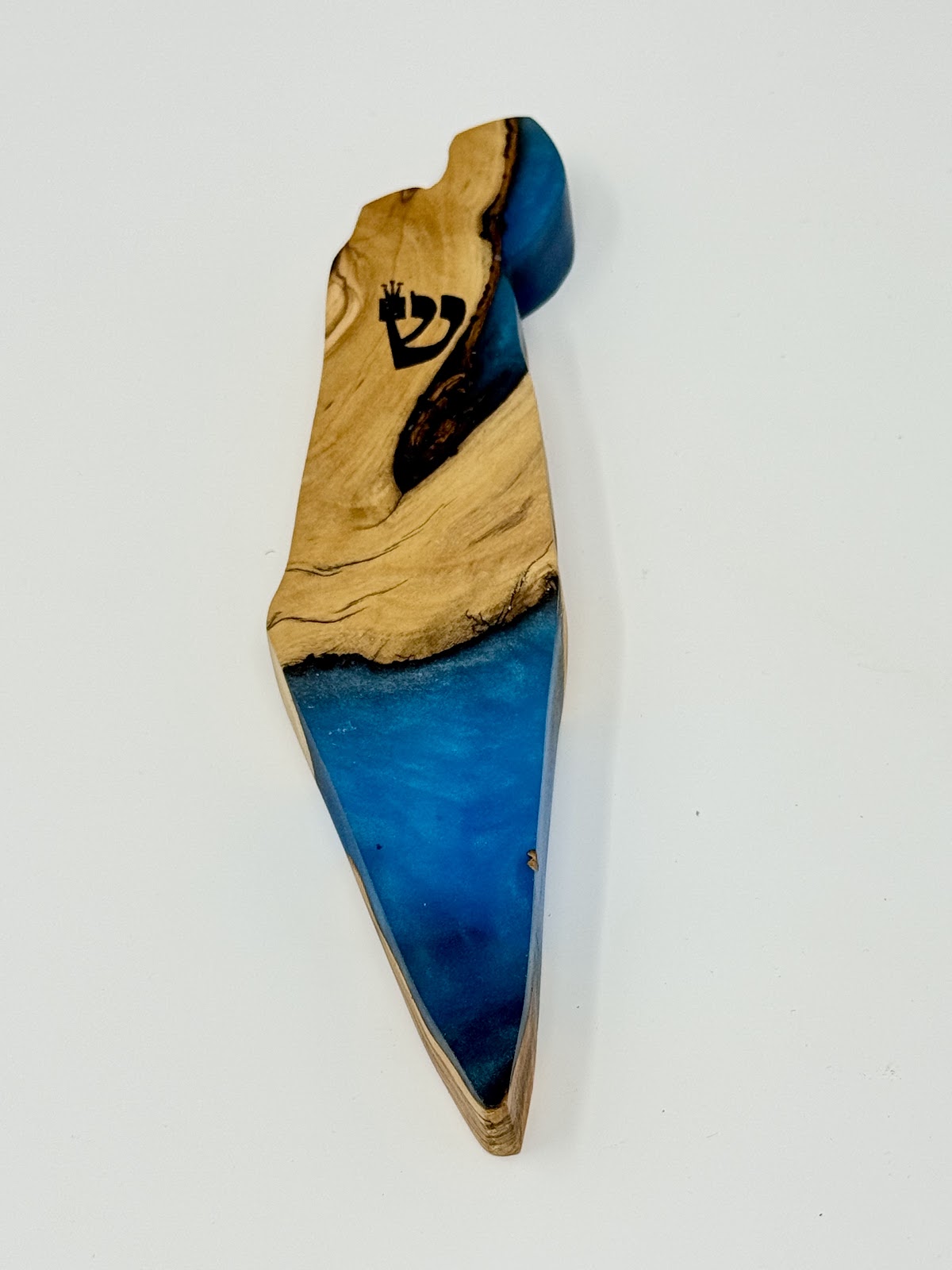 Handmade Israeli Olive Wood Mezuzah Case – Small Blue #8 – olive wood and blue epoxy detail
