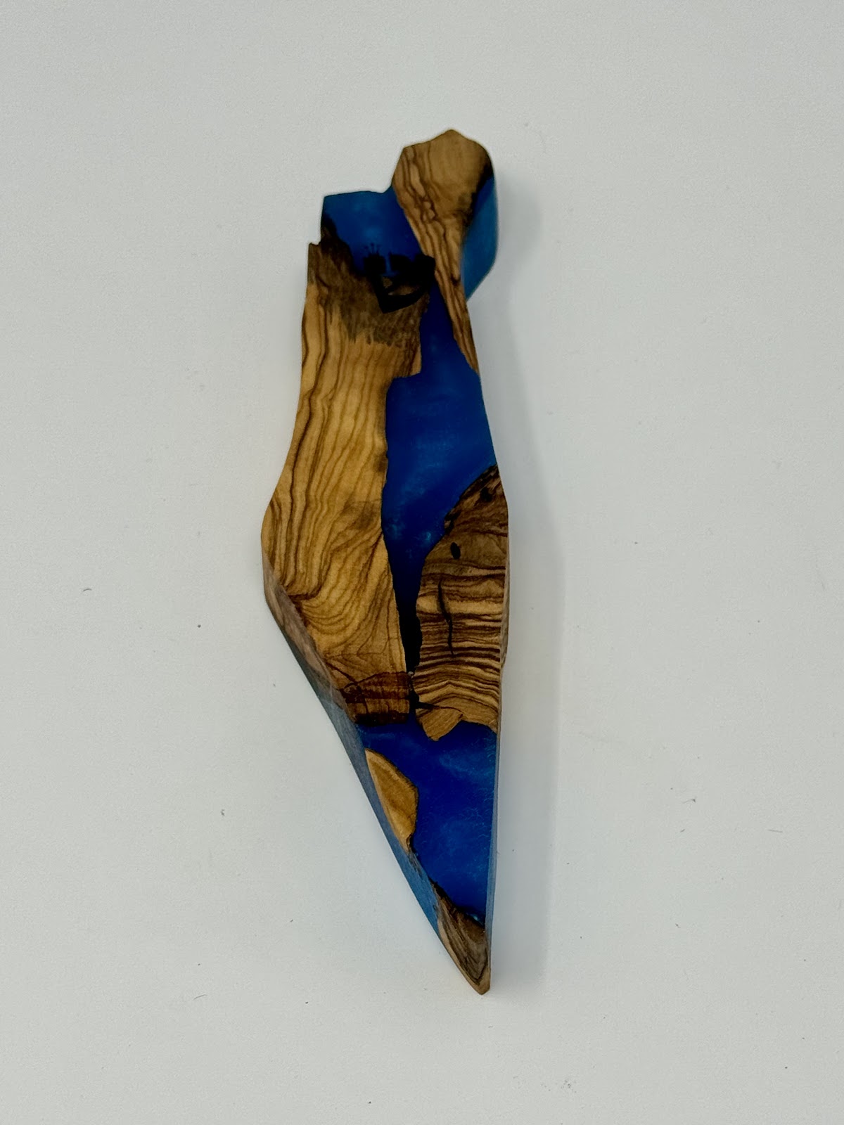 Handmade Israeli Olive Wood Mezuzah Case – Small Blue #5 – olive wood and blue epoxy detail