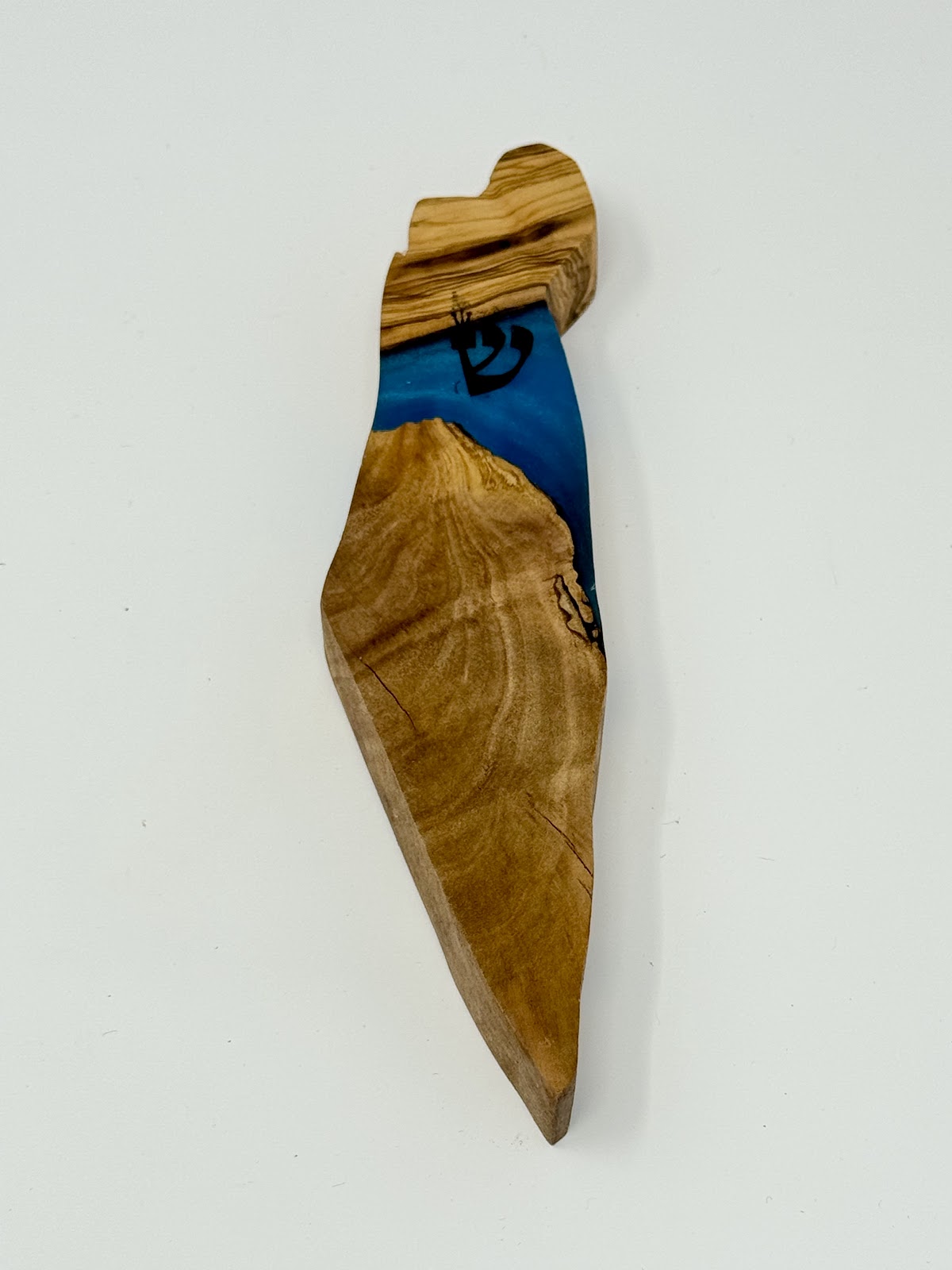Handmade Israeli Olive Wood Mezuzah Case – Small Blue #6 – olive wood and blue epoxy detail