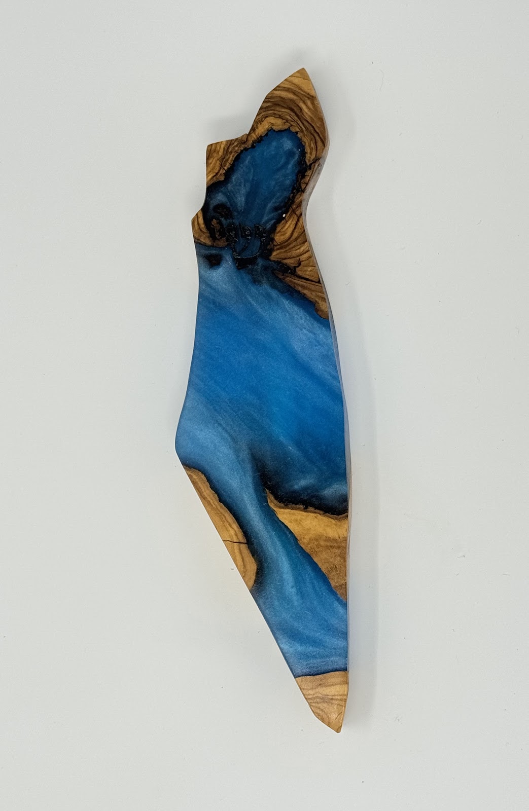 Handmade Israeli Olive Wood Mezuzah Case – Large Blue #14 – olive wood and blue epoxy detail