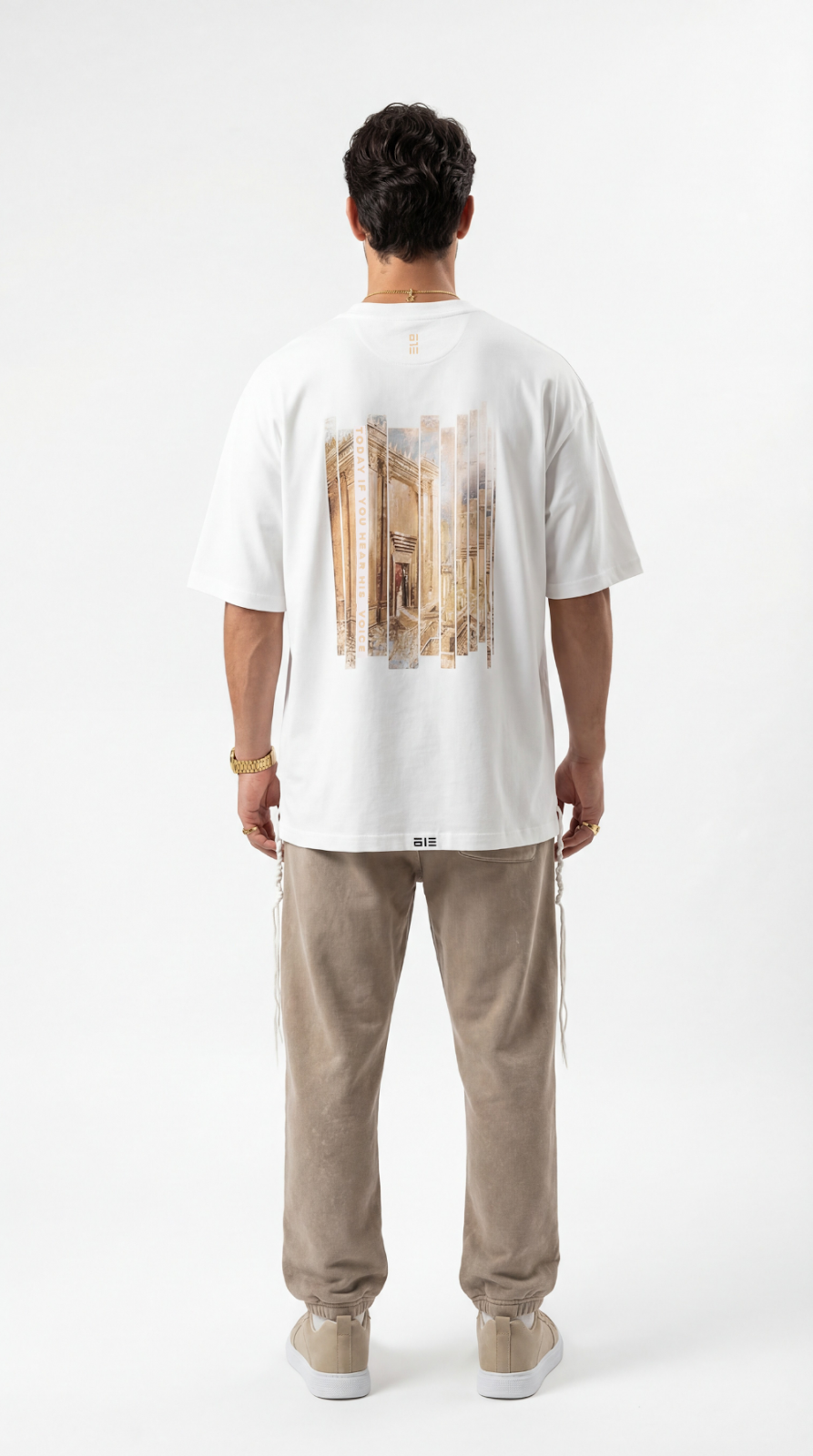 Temple of Hope oversize tzitzit shirt in white - back with Temple print | 613 by MitzvahArt