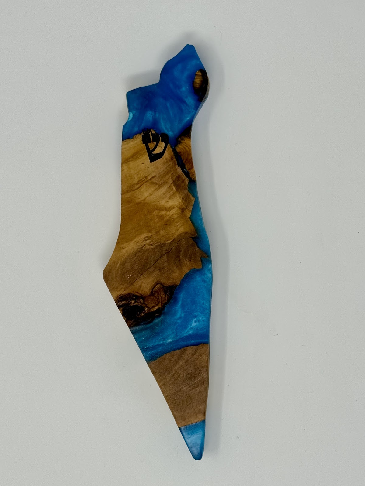 Handmade Israeli Olive Wood Mezuzah Case – Large Blue #5 – olive wood and blue epoxy detail