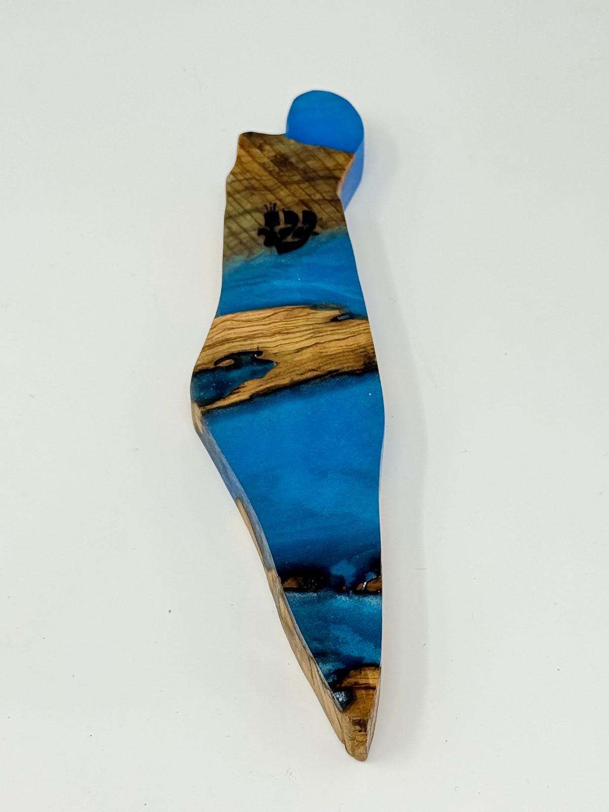 Handmade Israeli Olive Wood Mezuzah Case – Small Blue #1 – olive wood and blue epoxy detail