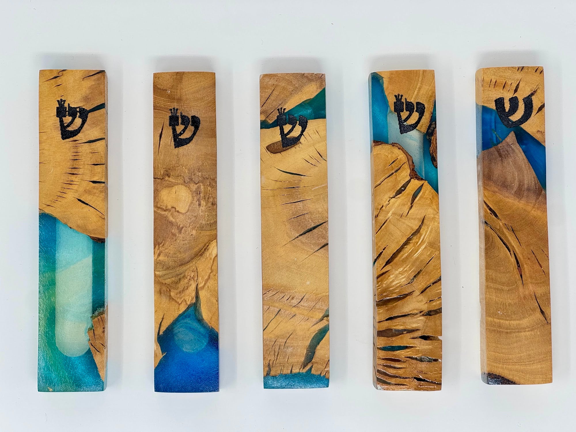 Blue olive wood and resin mezuzah cases shown as a set, 12 cm | MitzvahArt