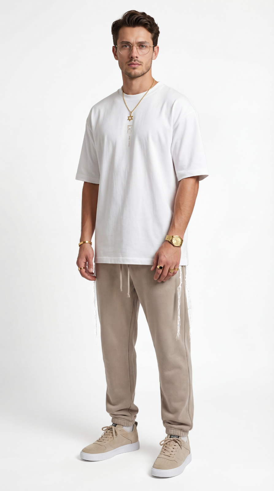 Temple of Hope oversize tzitzit shirt in white - full look | 613 by MitzvahArt