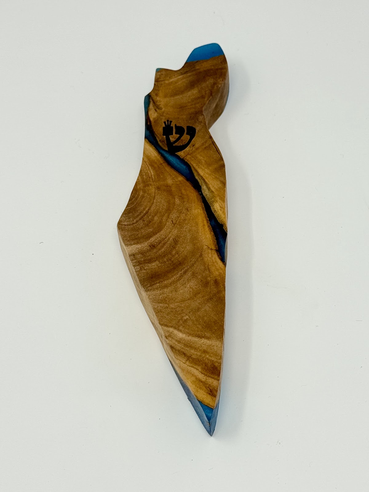 Handmade Israeli Olive Wood Mezuzah Case – Small Blue #2 – olive wood and blue epoxy detail