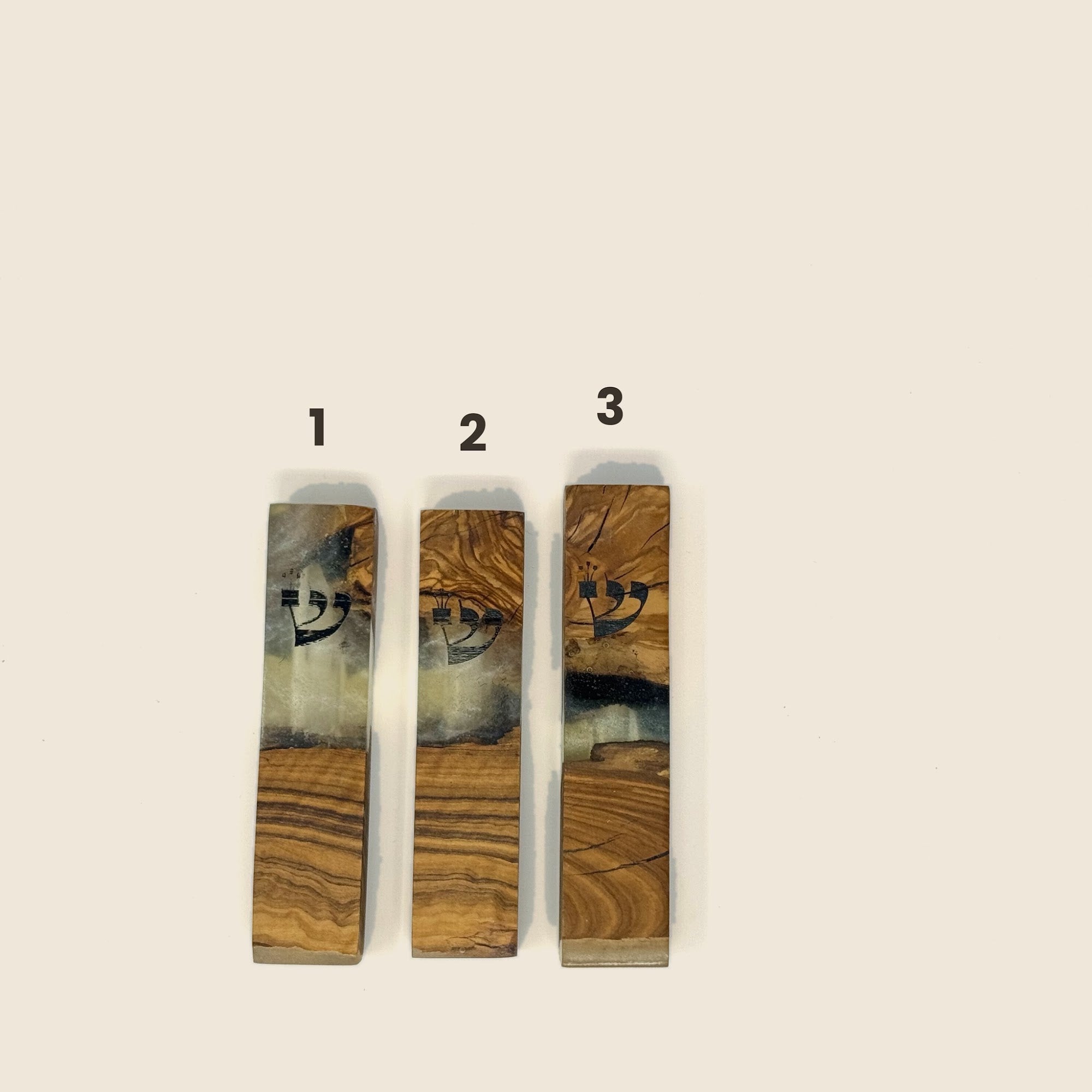Clear and cream olive wood and resin mezuzah cases 1-3, 10 cm | MitzvahArt