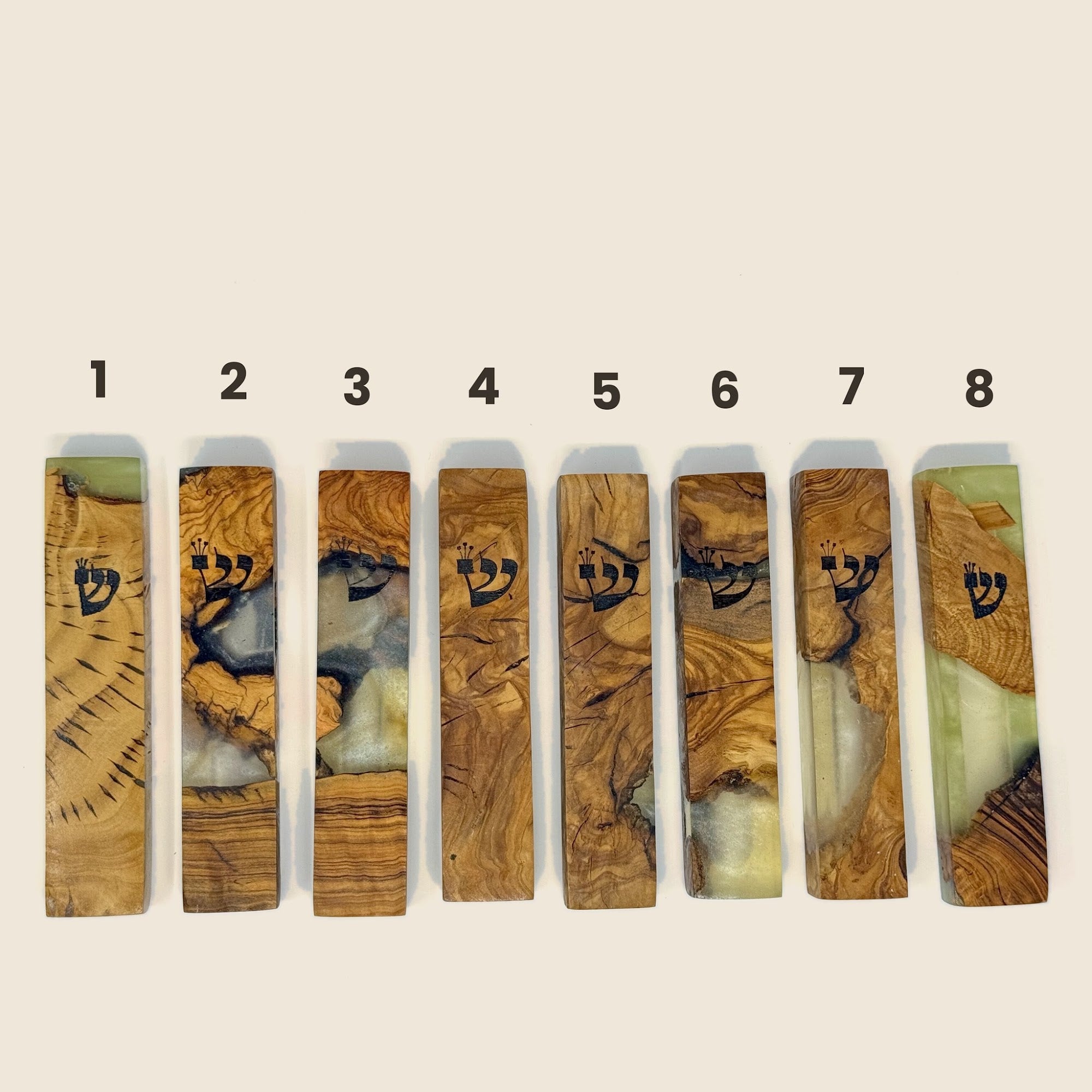 Clear and cream olive wood and resin mezuzah cases 1-8, 12 cm | MitzvahArt