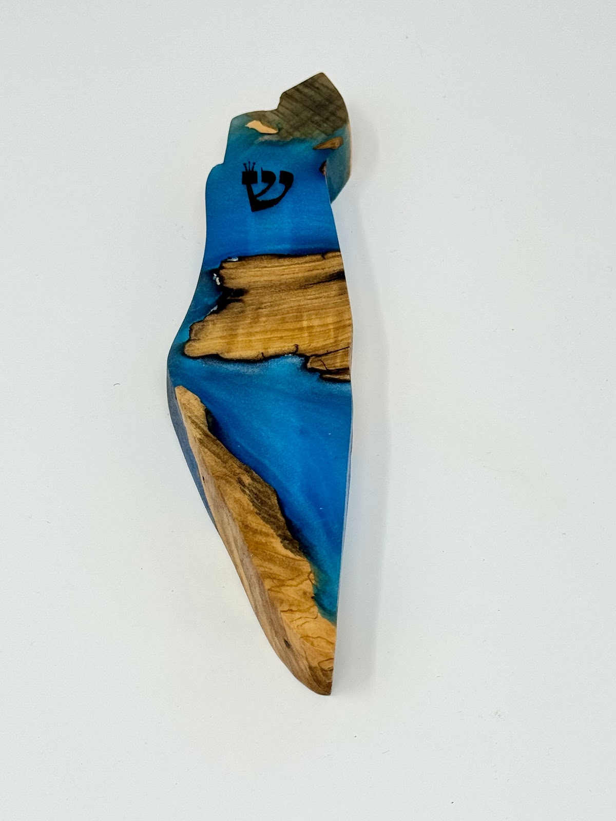 Handmade Israeli Olive Wood Mezuzah Case – Small Blue #4 – olive wood and blue epoxy detail