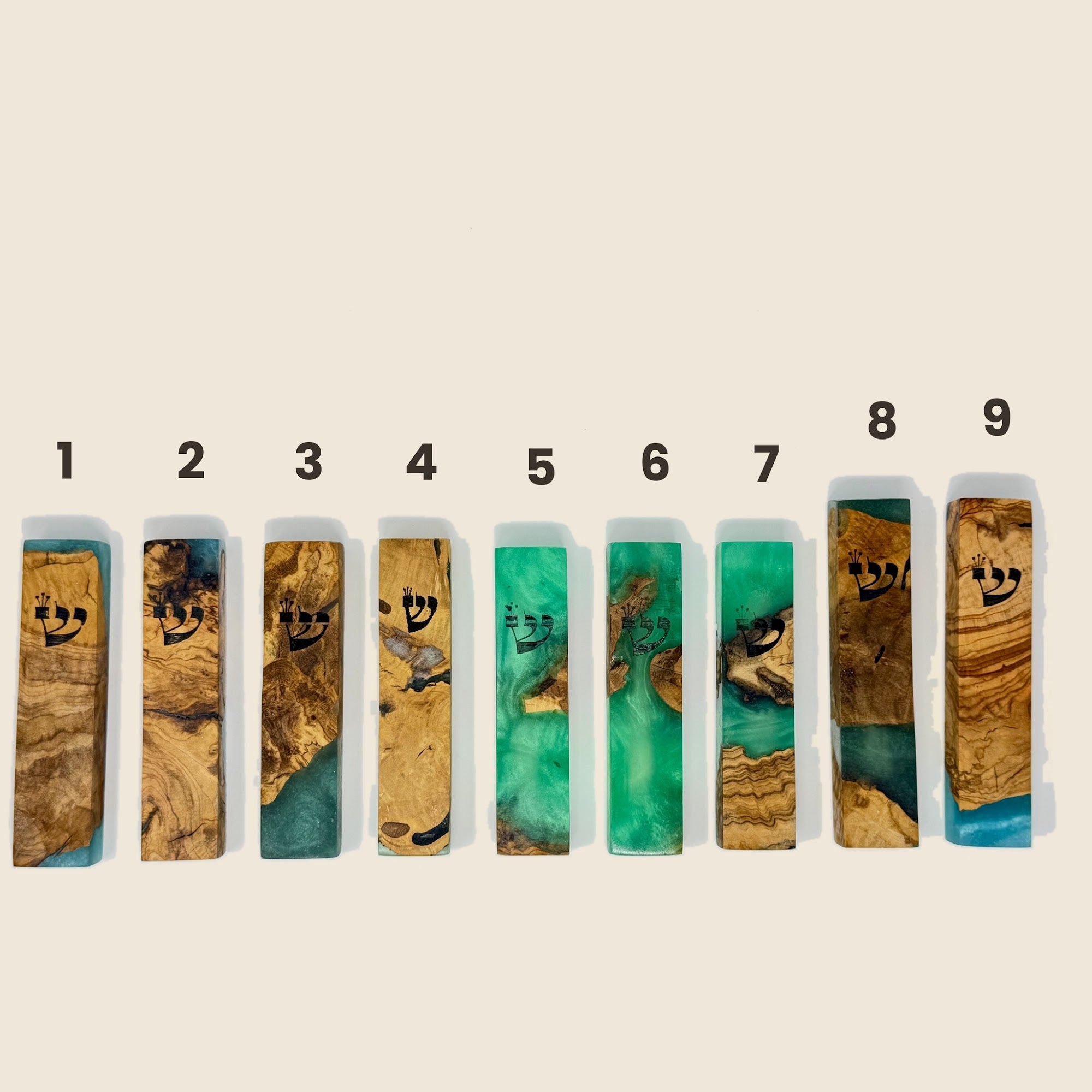 Green olive wood and resin mezuzah cases 1-9, 10 cm | MitzvahArt