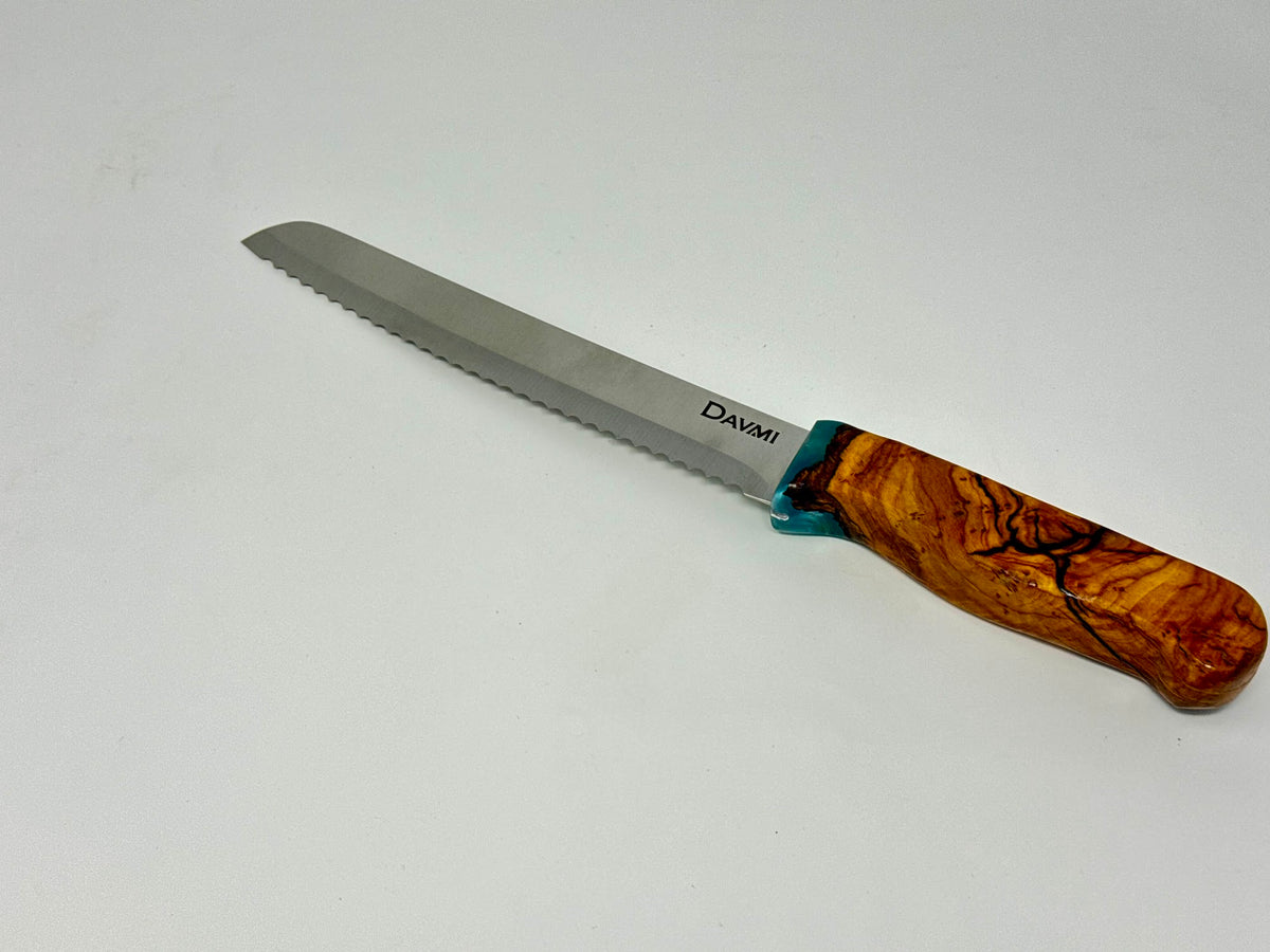 Etz HaChaim challah knife No. 5, olive wood and green epoxy handle | MitzvahArt