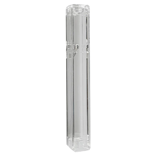 Plastic mezuzah case with rubber cork, clear with silver shin | MitzvahArt
