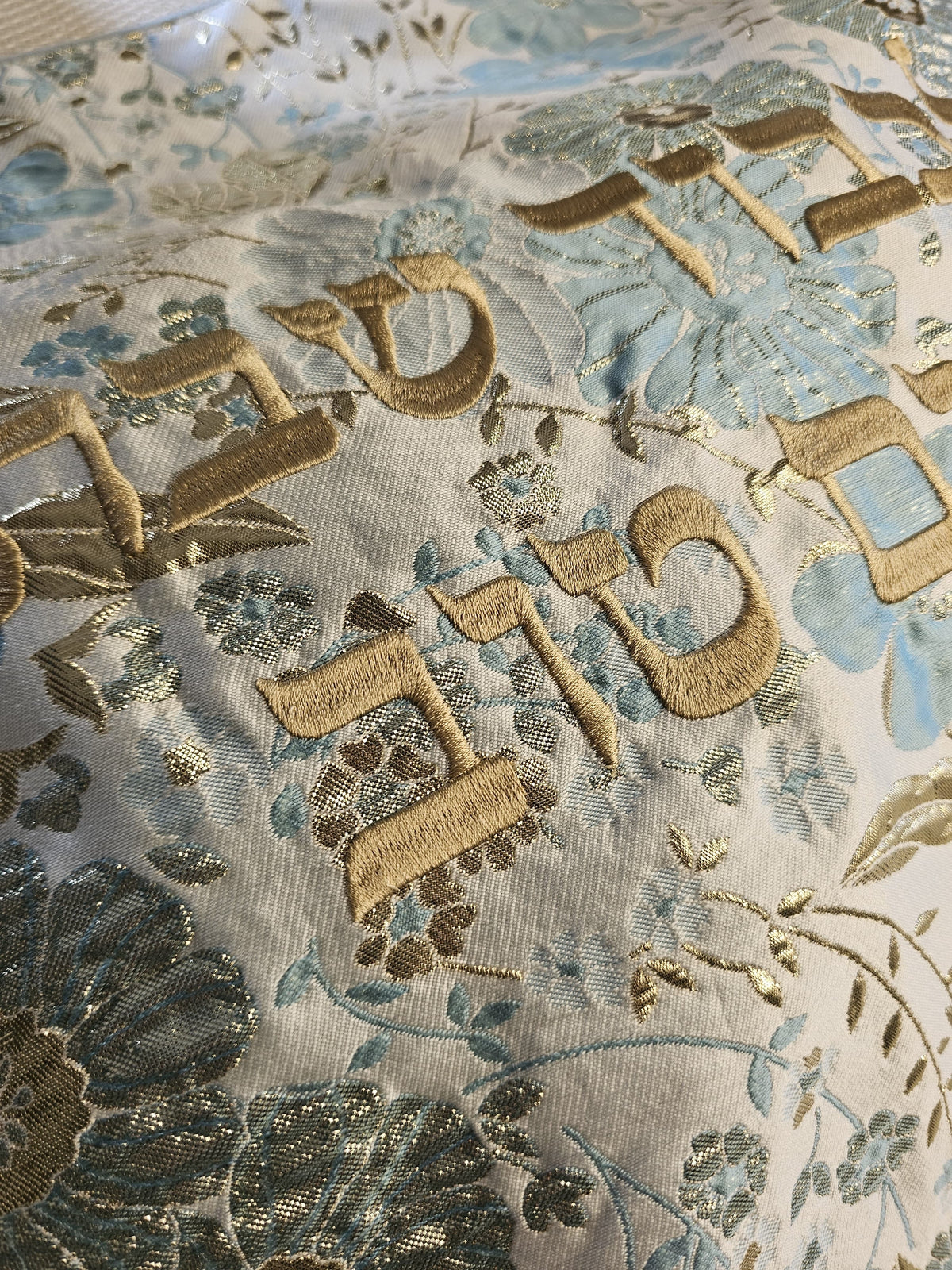 Blue Foiled Flowers challah cover on a set Shabbos table | MitzvahArt