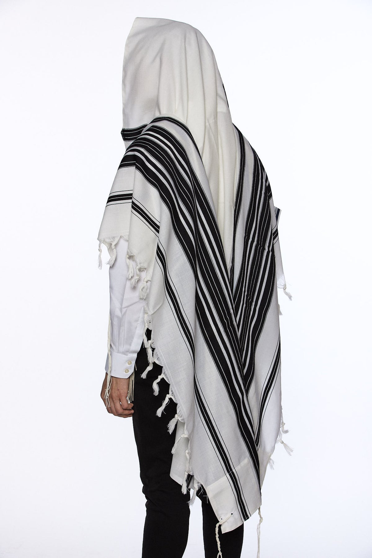Mofet Yishtabach wool tallit, Chabad Edition with the wider Chabad neck opening | MitzvahArt