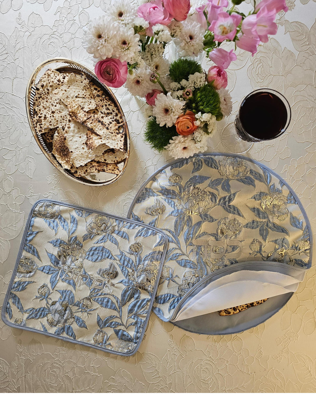Sky Bloom matzah cover and afikoman bag set in sky blue brocade jacquard | MitzvahArt