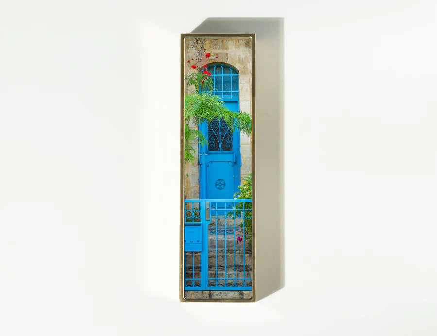 Enter Through Blue Mezuzah, close view of the photographic image | MitzvahArt