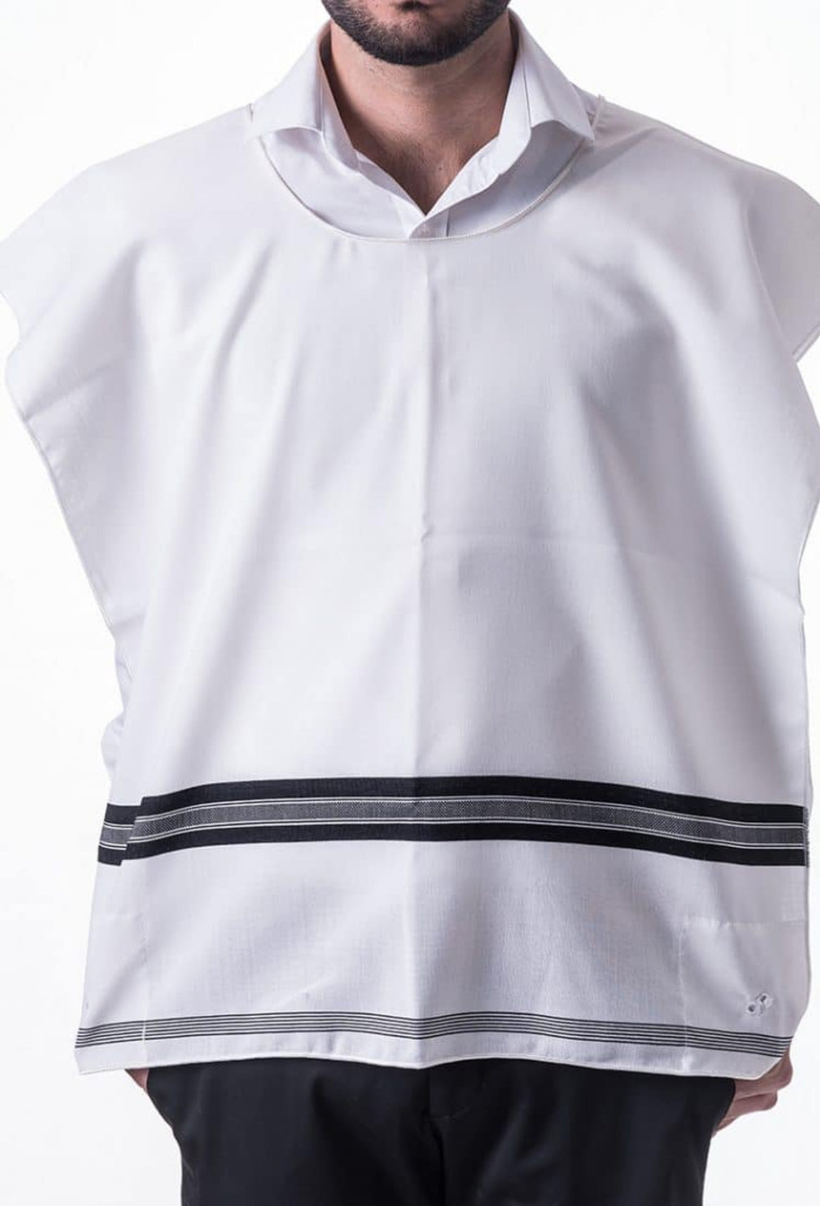 Chabad tallit katan with the wider Chabad neckline, tzitzit tied to Ari custom | MitzvahArt