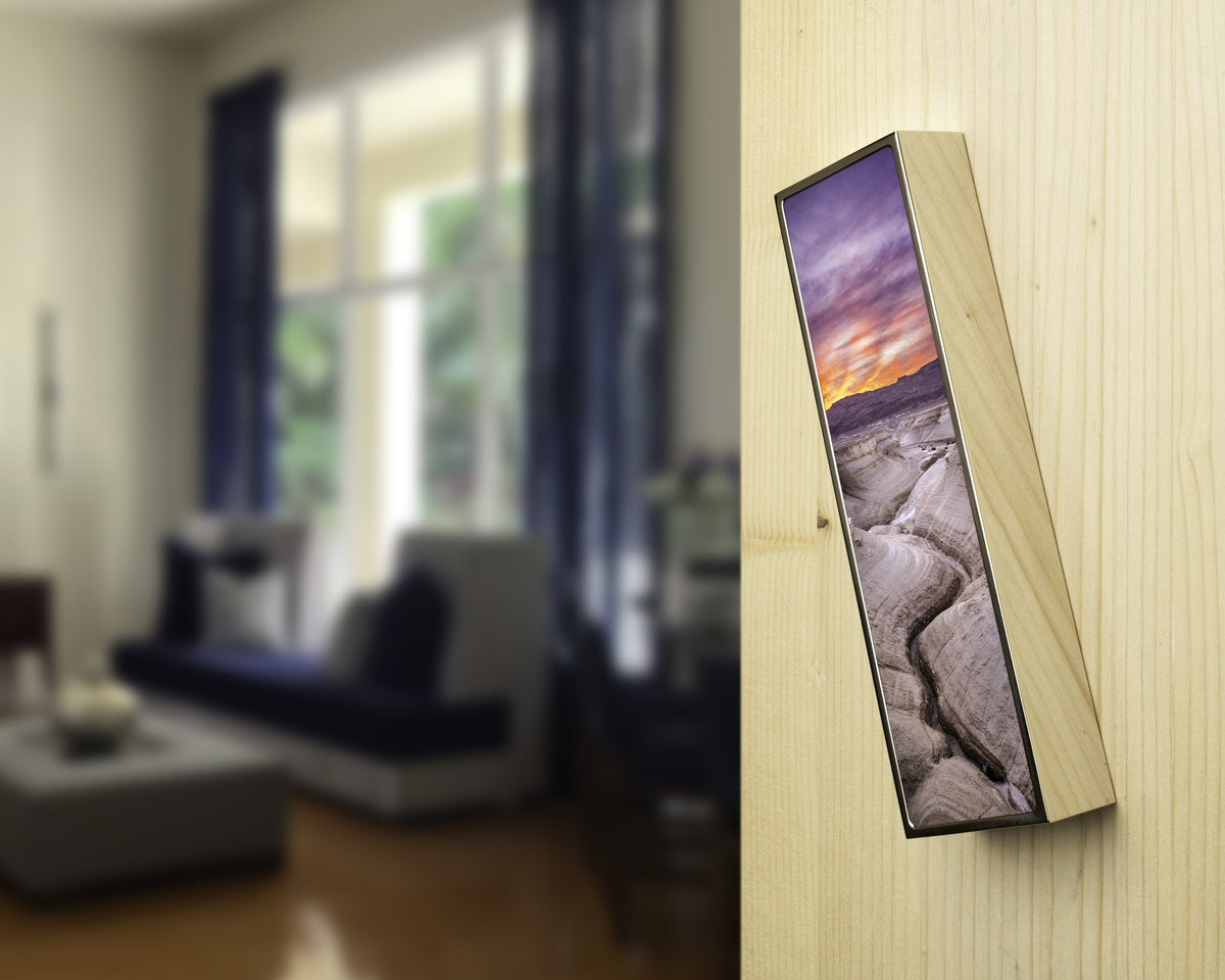 Ablaze Mezuzah by Yehoshua Aryeh, solid brass case with photographic art of Israel | MitzvahArt