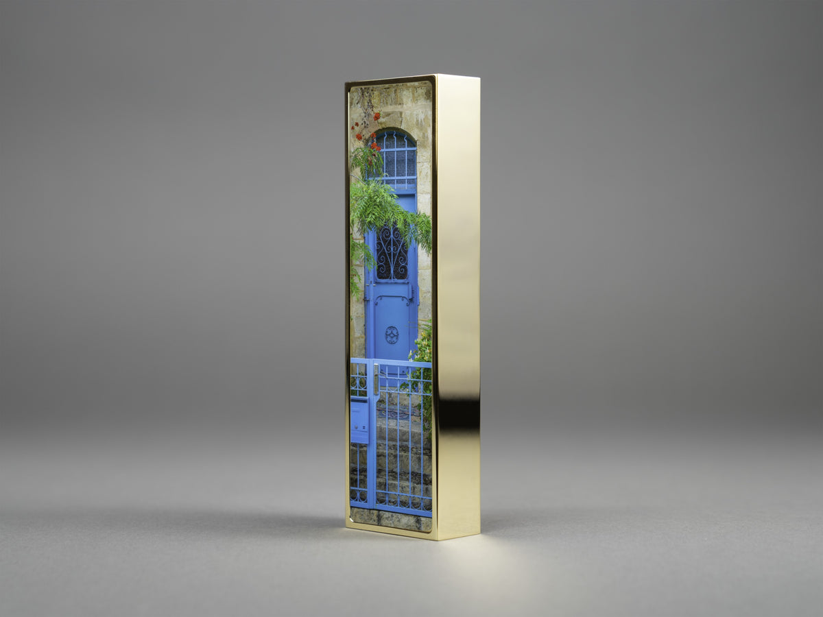 Enter Through Blue Mezuzah, silver nickel-plated brass, 7 inches tall | MitzvahArt