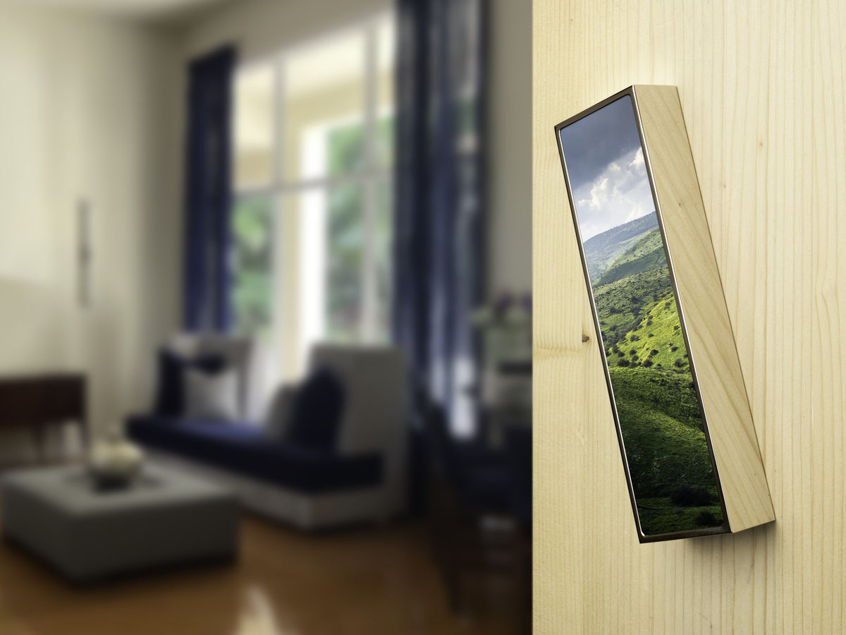 Hills of Arbel Mezuzah by Yehoshua Aryeh, brass case with a view of the Arbel | MitzvahArt