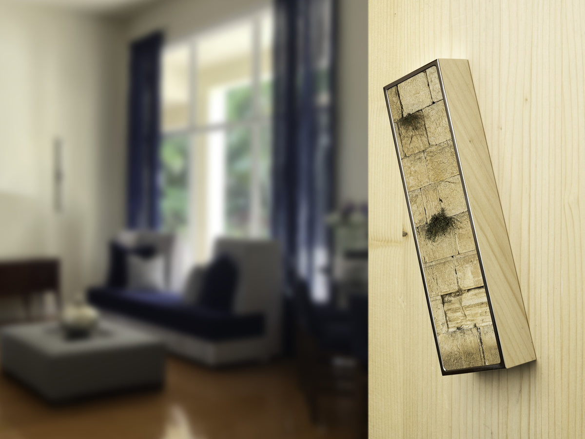 Kotel Mezuzah by Yehoshua Aryeh, brass case with the Western Wall in photographic detail | MitzvahArt