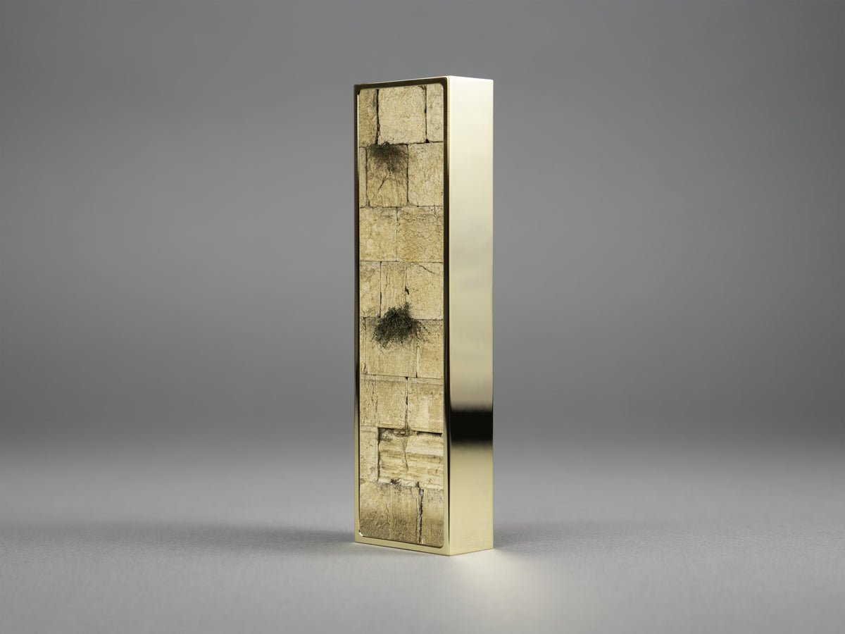 Kotel Mezuzah in gold plate, mounted on a doorpost | MitzvahArt