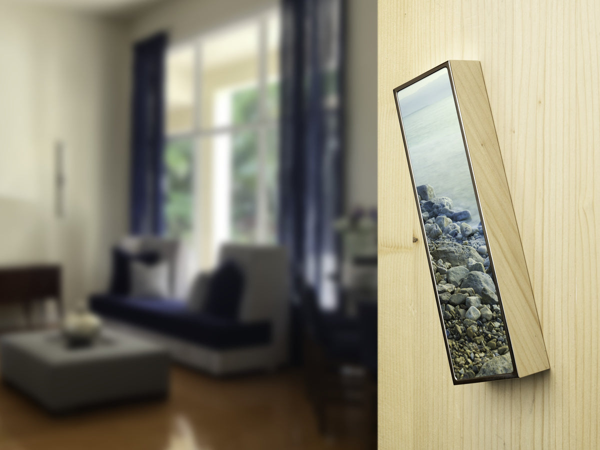 Tranquility Mezuzah by Yehoshua Aryeh, brass case with an Israeli landscape | MitzvahArt