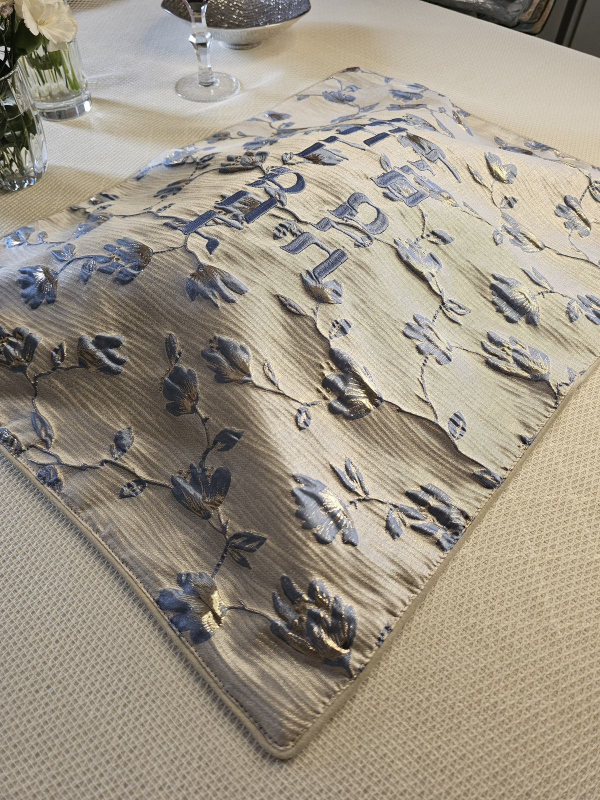 Italian Bluebells challah cover, detail of the bluebell weave | MitzvahArt
