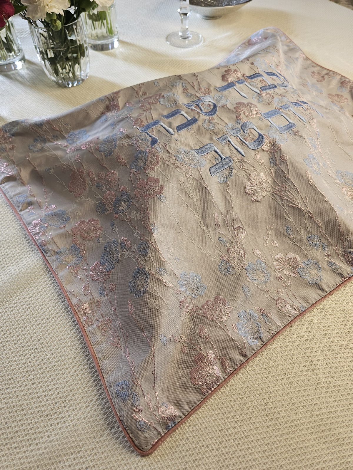 Dusty Pinks challah cover, close view of the rose floral weave | MitzvahArt